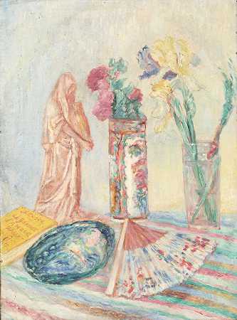 瓷器、花卉、花瓶和扇子（1915年） by James Ensor