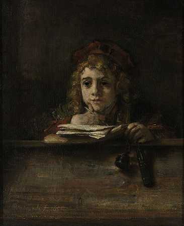 提图斯坐在办公桌前（1655年） by Rembrandt van Rijn