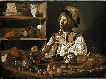 室内，一个年轻人拿着录音机（1615-1620） by Cecco del Caravaggio