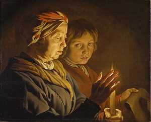 烛光下的一位老妇人和一个男孩（1620年代） by Matthias Stom