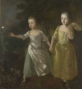 画家的女儿们追逐一只蝴蝶（大约1756年） by Thomas Gainsborough