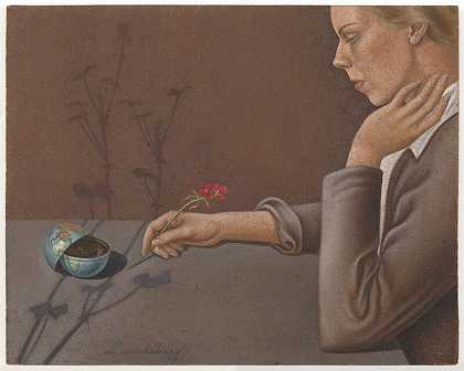 艺术家、花卉和半球（1934） by Helen Lundeberg