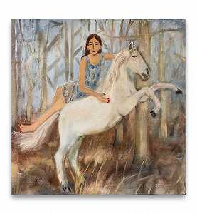 穿蓝色衣服的女孩骑着白马（2021年） by Meghan Borah