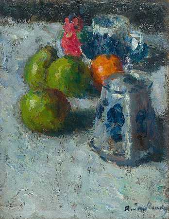 带水果、罐子和杯子的静物画（约1903年） by Alexej von Jawlensky