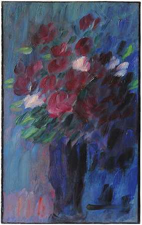 大型静物画（带有玫瑰花束、深红色花朵的花瓶）（1937年） by Alexej von Jawlensky
