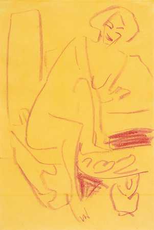 裸体坐在桌旁（约1910年） by Ernst Ludwig Kirchner