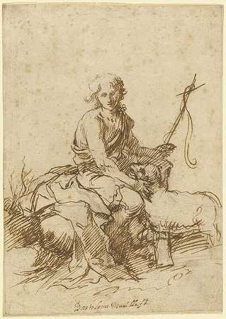 年轻的浸信会圣约翰坐在一幅风景画（recto）中，人物组成不明（Dido和Aeneas？）（维索）（1655） by Bartolomé Esteban Murillo