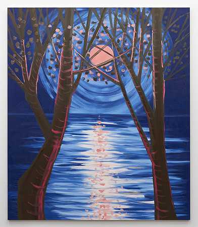 Big Moon（蓝色夜，粉红发光树，八月，库欣），2021（2021）日可出售 by Ann Craven