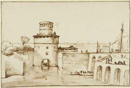 从这里可以看到一个设防的港口（1635年） by Guercino
