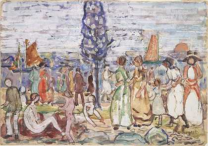 蓝树海滩（1917年至1918年） by Maurice Brazil Prendergast