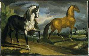 两匹马（约1808-1809年） by Théodore Géricault
