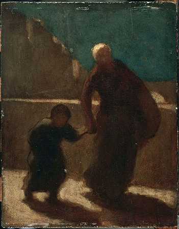 晚上在桥上（1845年至1848年间） by Honoré Daumier