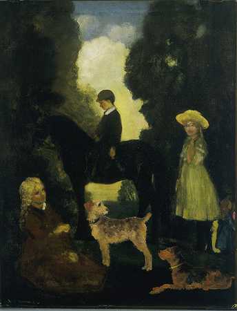 儿童、狗和小马（1905年） by Arthur Bowen Davies