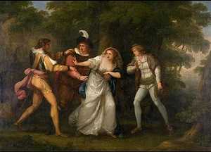 《森林中的瓦伦丁、普罗丢斯、西尔维亚和朱利亚》（第五幕《维罗纳的两位绅士》第四幕中的场景）（1788年） by Angelica Kauffmann