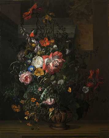 玫瑰、旋花、罂粟和其他花放在石壁上的骨灰盒中（约1680年） by Rachel Ruysch