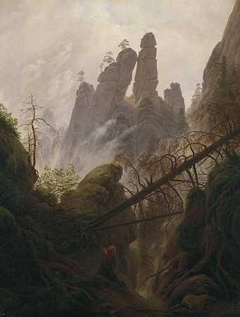 易北河砂岩山脉的岩石景观（1822年） by Caspar David Friedrich