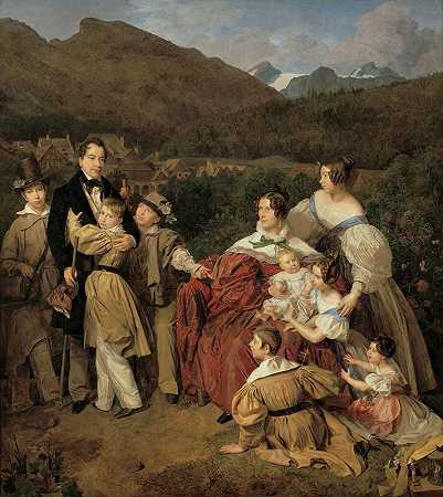 公证人约瑟夫·奥古斯特·埃尔茨博士和他的妻子卡罗琳（née Schaumburg）以及他们在Ischl的八个孩子（1835年） by Ferdinand Georg Waldmüller