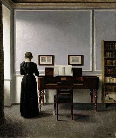 内部钢琴和黑衣女人。勒死30人。(1901) by Vilhelm Hammershøi