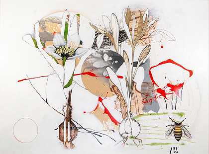 漫长的一天——生动、叙事、重叠的植物、丙烯酸、帆布油画（2020） by Fiona Ackerman