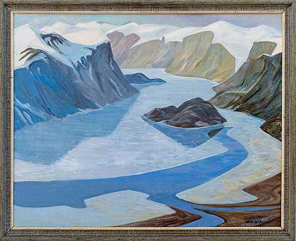 Pangnirtung——以蓝色和棕色色调描绘北极景观（1973年） by Doris McCarthy