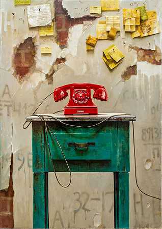 红色手机-画布上充满活力的静物油画（2020年） by Dmitry Yuzefovich
