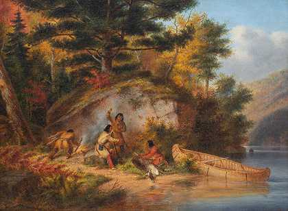 印度猎人在传送带（约1860年） by Cornelius David Krieghoff