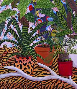 植物和带有麋鹿角的虎纹（2021年） by Anna Valdez