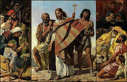 圣彼得和圣约翰浸信会之间的耶稣三联画`Jesus between Saint Peter and Saint John Baptist, Triptych by Charles Verlat