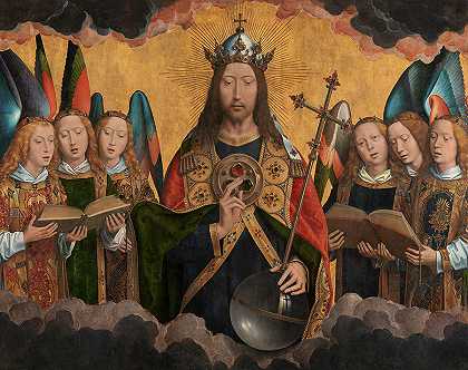 基督被歌唱和音乐天使包围，中央面板`Christ Surrounded by Singing and Music-Making Angels, Central Panel by Hans Memling