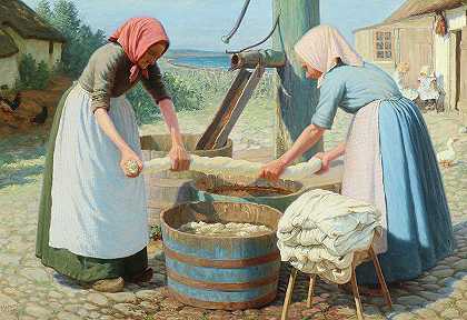 两个妻子在院子里洗衣服`Couple of Wives Washing Clothes in the Courtyard by Valdemar Magaard