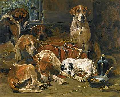 新的森林猎犬和猎犬`New Forest Buckhounds and a Terrier After a Hunt by John Emms