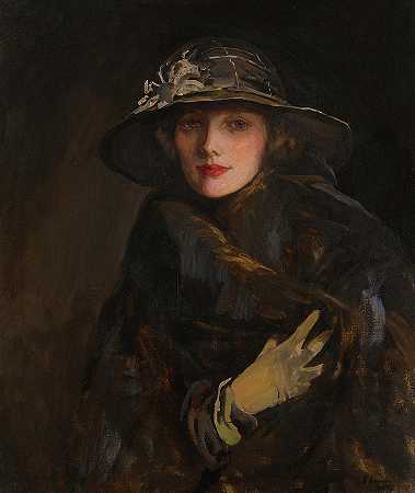 穿棕色衣服的女士`A Lady in Brown by Sir John Lavery