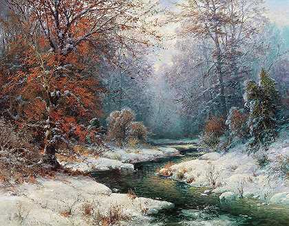 冬季河流景观`Winter River Landscape by Adolf Kaufmann