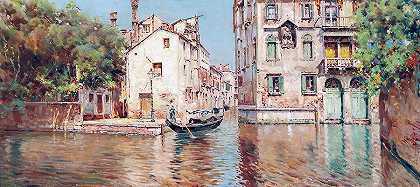 威尼斯死水上的缆车`A Gondolier on a Venetian Backwater by Antonio Maria de Reyna Manescau