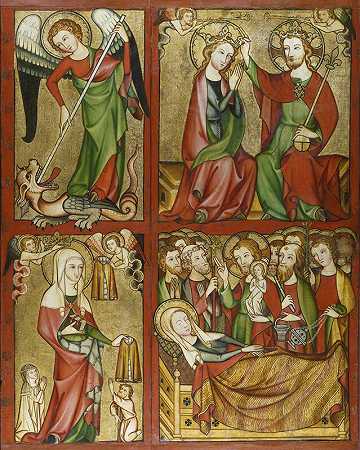 阿尔滕堡祭坛（右翼）：圣迈克尔，圣母加冕礼，圣伊丽莎白，圣母之死（约1330年） by Rhineland Master