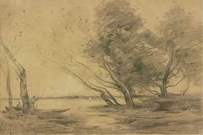 研究“风暴后的池塘岸”（约1870年） by Jean-Baptiste-Camille Corot