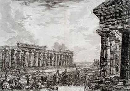 18根侧柱的景观，绘制在与所示相反的一侧（神庙侧立面的18根柱景观）（约1778年） by Giovanni Battista Piranesi