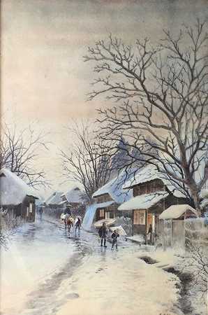 雪在黄昏。（c.1900年） by Eika Kato