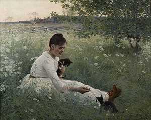 夏日风景中带着小猫的女孩（1892） by Elin Danielson-Gambogi