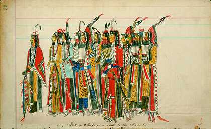 十二名高级基奥瓦男子（约1880年） by Julian Scott ledger Artist B (Ka’igwu [Kiowa]) Kiowa and Comanche Indian Reservation