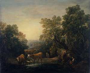 有乡村恋人、牧民和奶牛的岩石森林景观（1771-1774） by Thomas Gainsborough