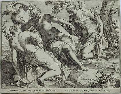 墨丘利与三女神，雅格布·丁托雷托之后（约1589年） by Agostino Carracci