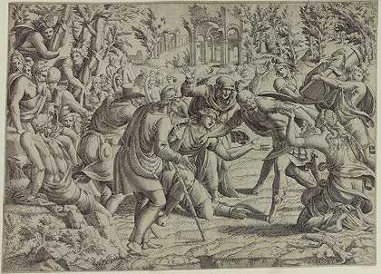 在卢卡·佩尼（Luca Penni，约1544-1545年）之后，卡桑德拉（Cassandra）在特洛伊战争的六个场景中阻止了戴菲伯斯（Deiphobus）杀死他们的兄弟巴黎 by Jean Mignon