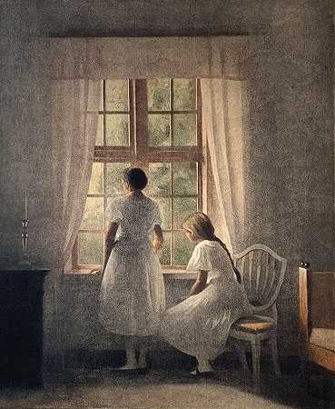 窗户前的两个年轻女孩（O/S 42）（1927） by Peter Ilsted