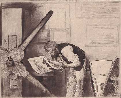 亨利·杰拉德告诉他的记者。雕刻家亨利·杰拉德在工作室的肖像（1888） by Norbert Goeneutte