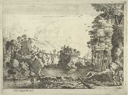 一条河与一座人行天桥相交的景观，有奶牛和牧民（1648年） by Jean Galioth Nardois