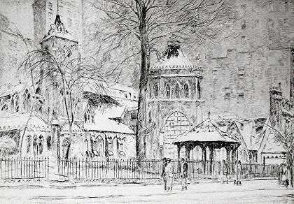 拐角处的小教堂。(1923) by Frederick Childe Hassam, N.A