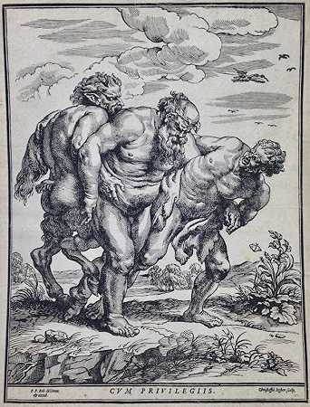 西勒努斯由一个萨特和一个牧神陪伴（约1652年） by Christoffel Jegher after Sir Peter Paul Rubens