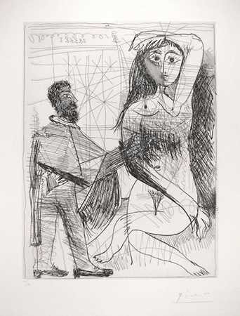 穿着西班牙服装的画家在画他的模特（1968年） by Pablo Picasso