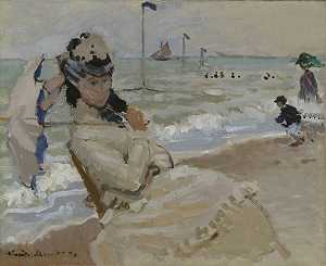 特鲁维尔海滩上的卡米尔（1870年） by Claude Monet